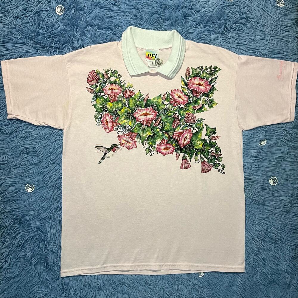 VINTAGE PFI Fashions Floral Polo Shirt Size Large Pink Tulips Casino Women’s